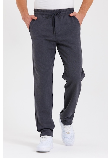 Mmetalic Siyah Arka Cepli Etiket Detaylı Düz Paça Erkek Içi Pamuklu Eşofman Altı 001 Antrasit