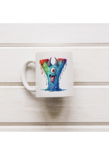 Y Harfi Bardak, Sevimli Canavarlar Harflı Bardak Hediyesi Porselen Beyaz