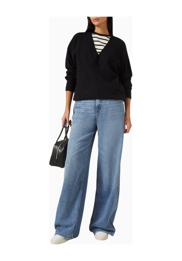 Good American Oversize Deep V Triko Kazak, Modern Rahat - Şık Kadın Stili Siyah