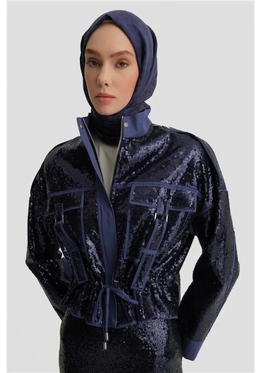 Armine Kumaş Mixli Payetli Ceket 25y5916 Puslu Mor Mavi