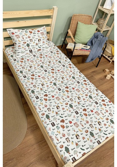 Organik Tek Kişilik Lastikli Çarşaf Seti - Eğlenceli Kelimeler Renkli