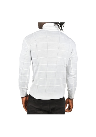 Deepsea Erkek Beyaz Kare Desenli Balıkçı Yaka Slim Fit Boğazlı Triko Kazak 2505493 Beyaz