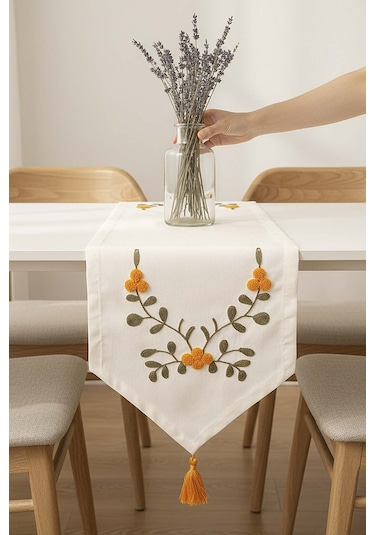 Sarı Çiçek Nakışlı Vintage Keten Runner 40x140 Cm Krem