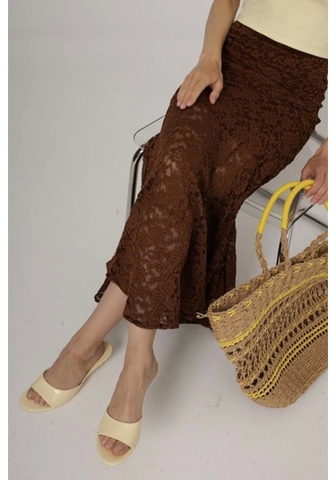 Bel Lastikli Dantel Etek - Kahve Kahve