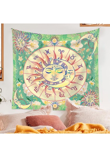 Singree Yeşil Güneş Ve Ay Desenli Poliester Dekoratif Duvar Örtüsü - 73x95 Cm Ev Dekorasyonu Tapestri