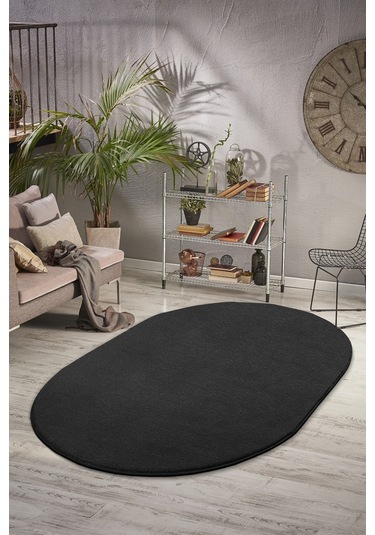 Vl Comfort Puffy Ponpon Saçak Peluş Yıkanabilir Siyah Yolluk Saçaksız Oval