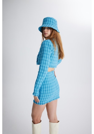 Holly Lolly Tüvit Kumaş Mini Tweed Etek Mavi