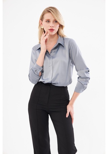 Klasik Saten Gömlek Gri Gri