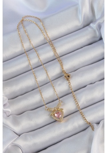 316l Çelik Zincir Altın Renk Pembe Zirkon Taşlı Fiyonklu Kalp Kolye - Tj-bko9173 Gümüş