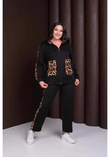 Kapüşonlu Leopar Desenli Alt-üst Takım Siyah