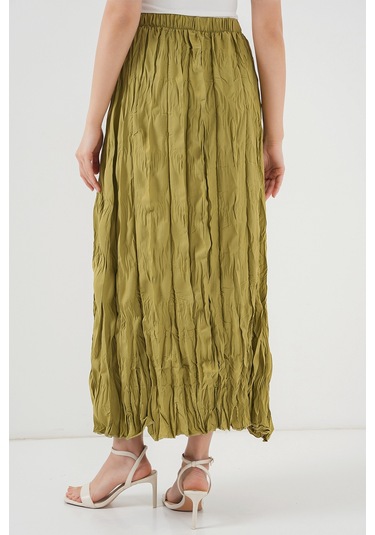 Kadın Uzun Kırışık Etek 8042 - E.yeşil Yeşil