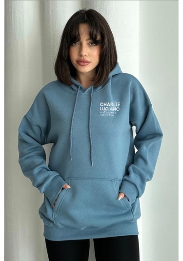 Kadın Mavi Charlie Luciano Baskılı Oversize Kapüşonlu Sweatshirt Mavi