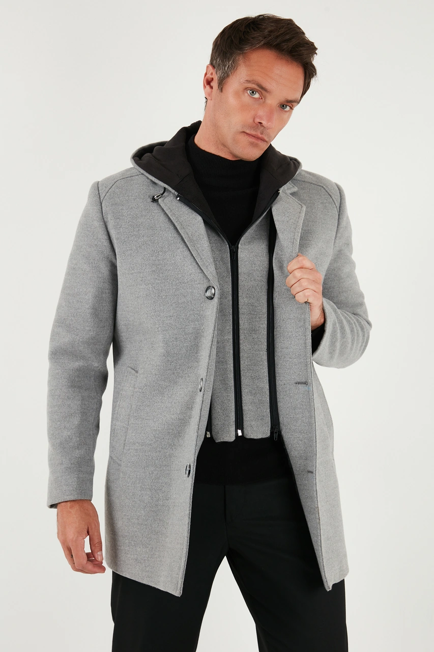 Buratti Çıkarılabilir Kapüşonlu Kırçıllı Slim Fit Kaşe Erkek Kaban 5841013 Gri