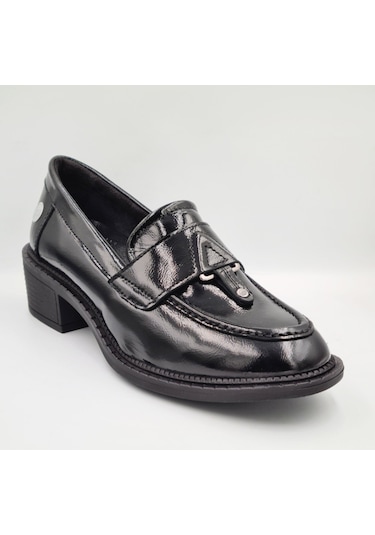 Mammamia D25ka-7210 Siyah Rugan Hakiki Deri Kalın Topuklu 4cm Kadın Casual Klasik Ayakkabı Siyah Rugan