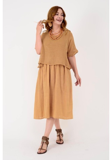İtalyan Müslin Keteni Üstü File Bluzlu Astarlı Tek Parça Elbise-9256 Cappuccino
