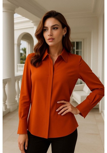 Kadın Kiremit Gizli Düğme Detaylı Slim Fit Trend Krep Gömlek Çok Renkli