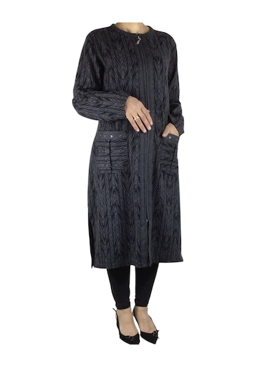 Kadın Önü Fermuarlı Üstten Cepli Kalın Kap Siyah