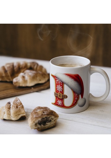 D Harfi Yılbaşı Temalı Bardak 330 Ml Harfli Kişiye Özel Hediye - Yeniyıl / Noel Şapka Tasarım Beyaz