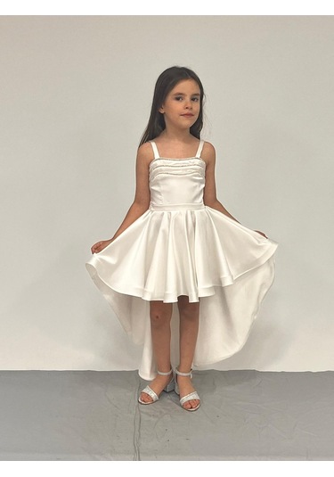 Kız Çocuk Abiye Krem Saten Kuyruklu Yaka Şerit Taşlı Abiye Elbise 5-10 Yaşyaş Krem