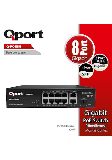 Qport Q-poe8g 8port 10/100/1000 + 2 Port 10/100/1000 Uplınk Poe S