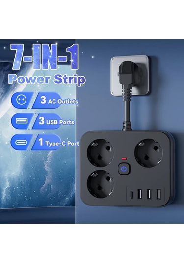 Xuweiwei 7si 1 Arada Priz 3 Ac 3 Usb 1 Type C Siyah Kısa Kablo 152 Cm Ev Ofis Seyahat