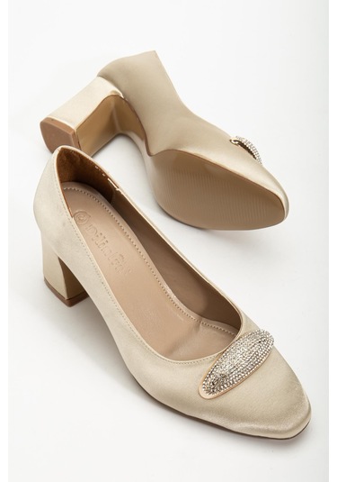 Kadın Siletto Topuklu Ayakkabı Gold Saten Taşlı Kalın Topuklu-4167 Gold Parlak