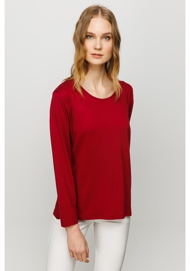 Kadın Sıfır Yaka Basic Penye Bluz Bordo bordo