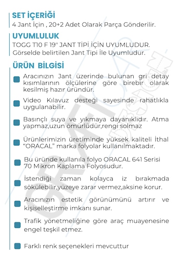 Togg T10f Sedan Jant Kaplama Sticker Set - 19 " Parlak Siyah