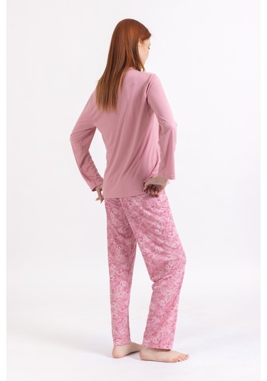 Kadın Dört Mevsim Dantel Desenli Melisa Kumaş Yüksek Kalite Yuvarlak Yaka Pijama Takımı 1361 - Pudra