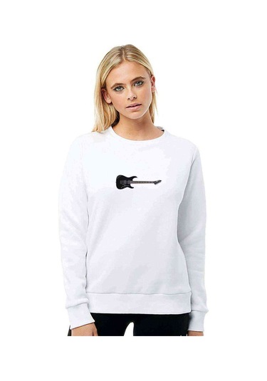Esp Gitar Esp Kirk Hammett Elektro Baskılı Beyaz Kadın Sweatshir