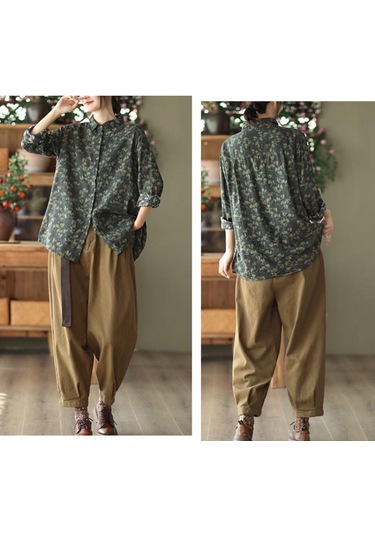 Kadın Baskılı Pamuk Keten Gömlek Kadın Rahat İlkbahar Ve Sonbahar Vintage Uzun Kollu Gömlek Üst Kahve Kahverengi