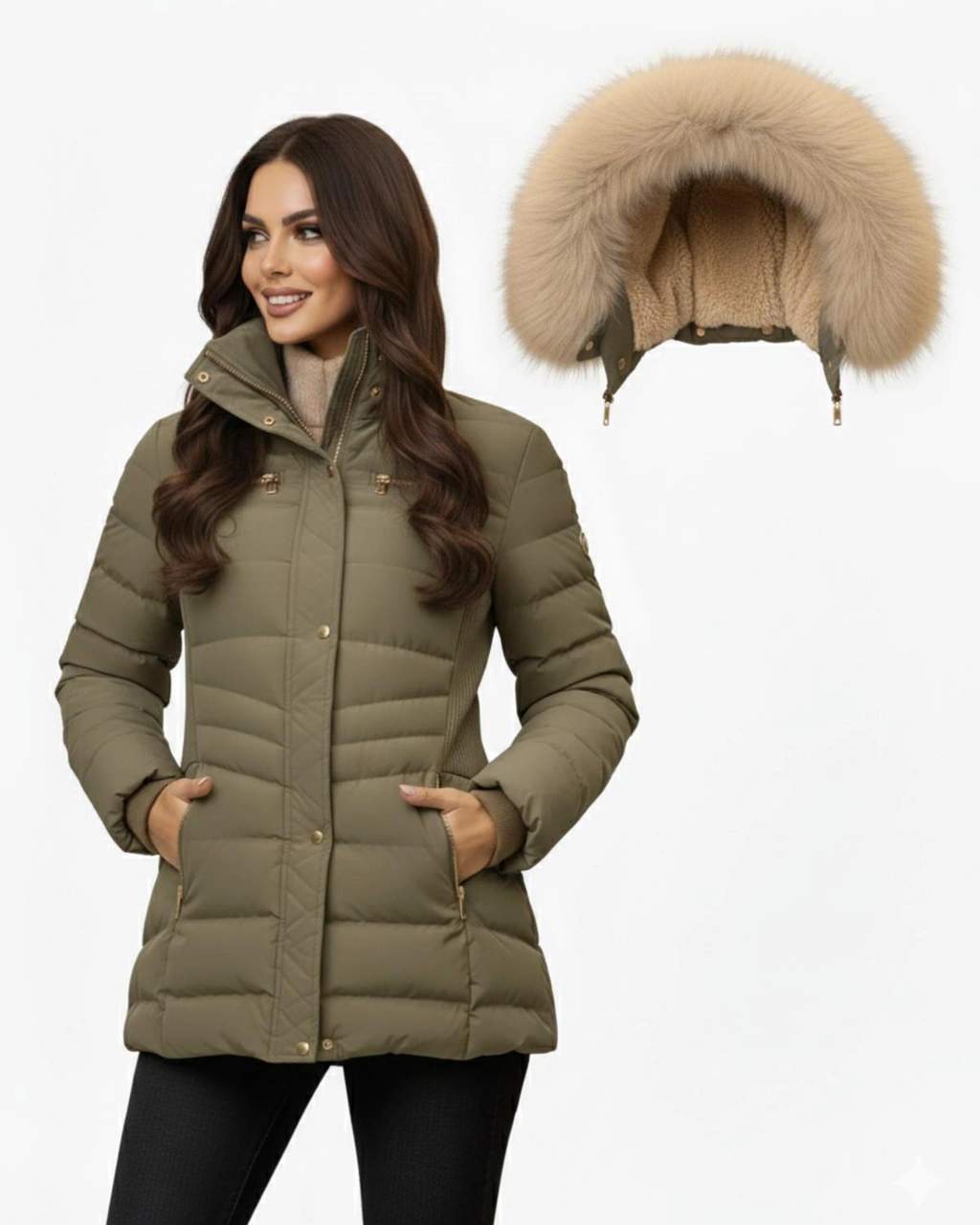 Kadın Büyük Beden Spor Kapüşonlu İçi Peluş Mont M5306 Bgl-st04892 Haki