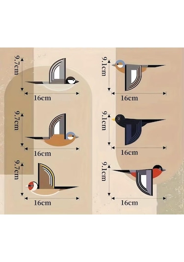 Cajuart 6 Parça Geometrik Desenli Kuşlar Dekoratif Duvar Tablo Dekor Süs 6 Adet