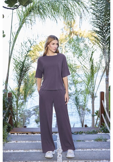 Monamise Kadın Kısa Kollu Bisiklet Yaka Alt Üst Takım 25081 Mor