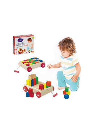 Renkli Küp Bloklu Kutulu Ahşap Çekçek Araba