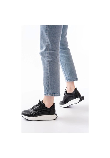 F-307 Siyah Bağcıklı Saten Taş Aksesuarlı Günlük Spor Ayakkabı Siyah