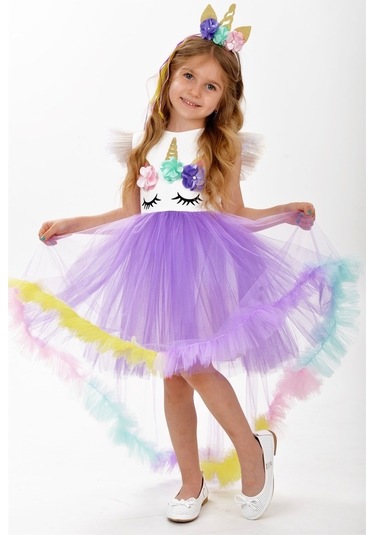 Unicorn Leylak Kuyruk Detaylı Gökkuşağı Taçlı Kız Çocuk Parti Elb