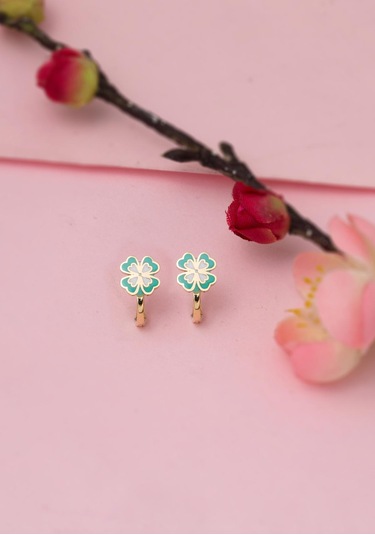 Bilezikci Su Yeşili Yonca Çocuk Küpesi 14 Ayar Sarı Altın