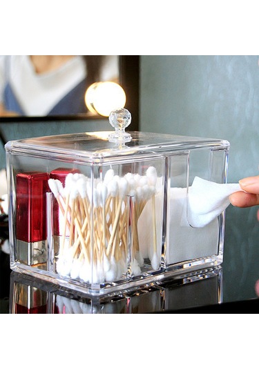 Qingmipy Transparan Akrilik Makyaj Organizatörü - Makyaj Vakaları, Koton Ve Q-tip Saklama Kutusu - Masaüstü Dekoratif Depolama Kutu