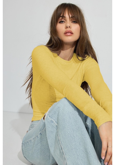 Madmext Sarı Bisiklet Yaka Slim Fit Kadın Body Mg2564 Sarı