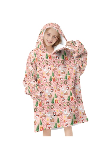 Noel Temalı 6-13 Yaş Çocuk Giyilebilir Battaniye Hoodie, Kalın Peluş, Büyük Boy-a144 Krem - Pembe