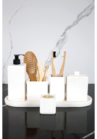 Betonmall 7 Parça Mermer Desenli Beton Banyo Seti Sıvı Sabunluk Diş Fırçalık Pamukluk Mumluk Tepsi Saksı - Beyaz Beyaz