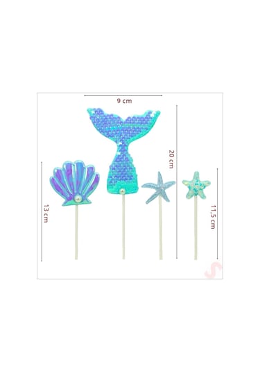 Deniz Kızı Pul Payetli Pasta Süsü, 4'lü Set - Mavi