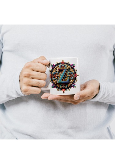 Z Harfi Boho Bardak, Renkli Özel Tasarım Hediyelik Harfli Kupa, 330ml Porselen Beyaz