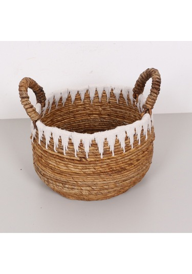 Avanos Doğal Abaka El Yapımı Yuvarlak Kulplu Sepet 35x32x32 Cm Bej
