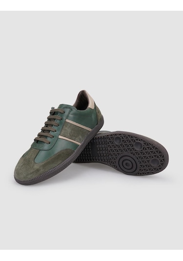 %100 Hakiki Deri Haki Bağcıklı Kadın Sneaker Haki