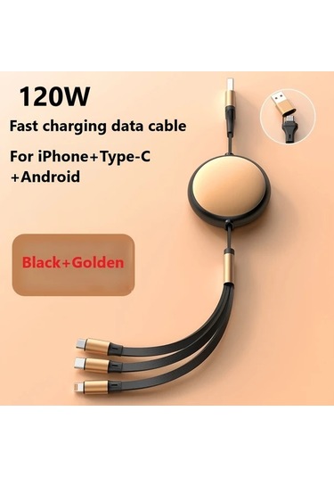 Honeybeeshop Siyah Altın 120w 2de 3 Teleskopik Hızlı Şarj Kablosu Usb Type C Micro Lightning Çoklu Başlık İpdone Uyumlu Galaxy Uyumlu Xiaomi Huawei Telefon Tablet