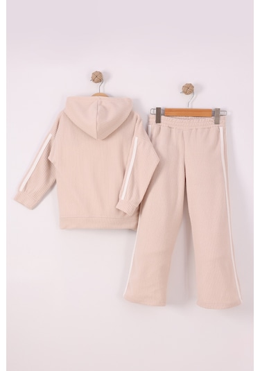 Monox Kız Çocuk Çiçek Baskılı İpli Şeritli Pantolon Fitilli Polar Takım Bej
