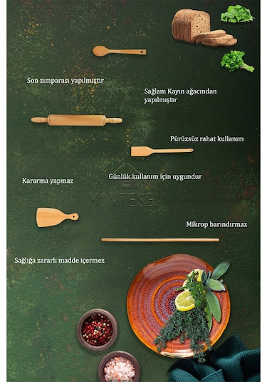 Zümrüt Serisi Ahşap Hamur Açma Oklavası Merdane Börek Seti 5 Li