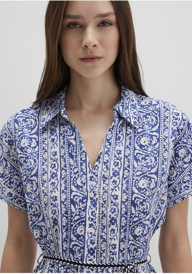 Mavi - Baskılı Beli Bağcıklı Mini Elbise 1310763-91087 Lacivert